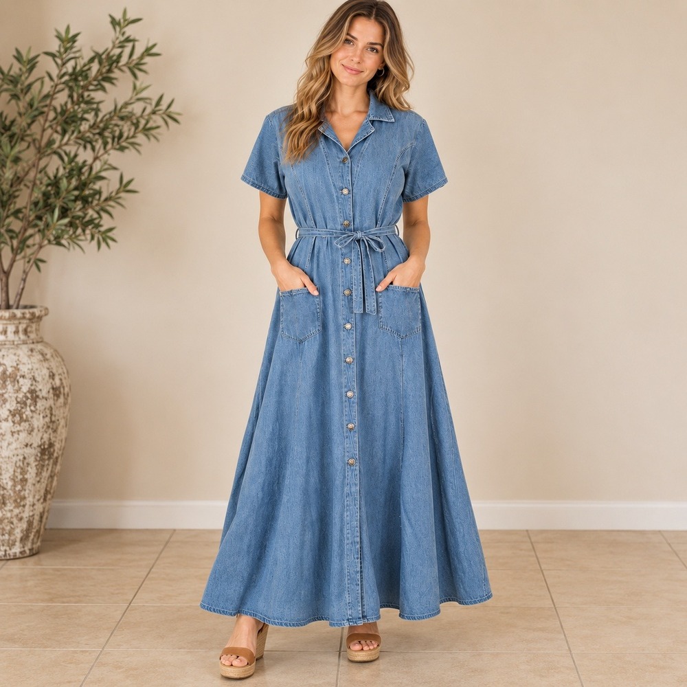 Vintage Forelli Jeanswear Denim Shirt Dress Women's Blue Maxi Belted 18/20